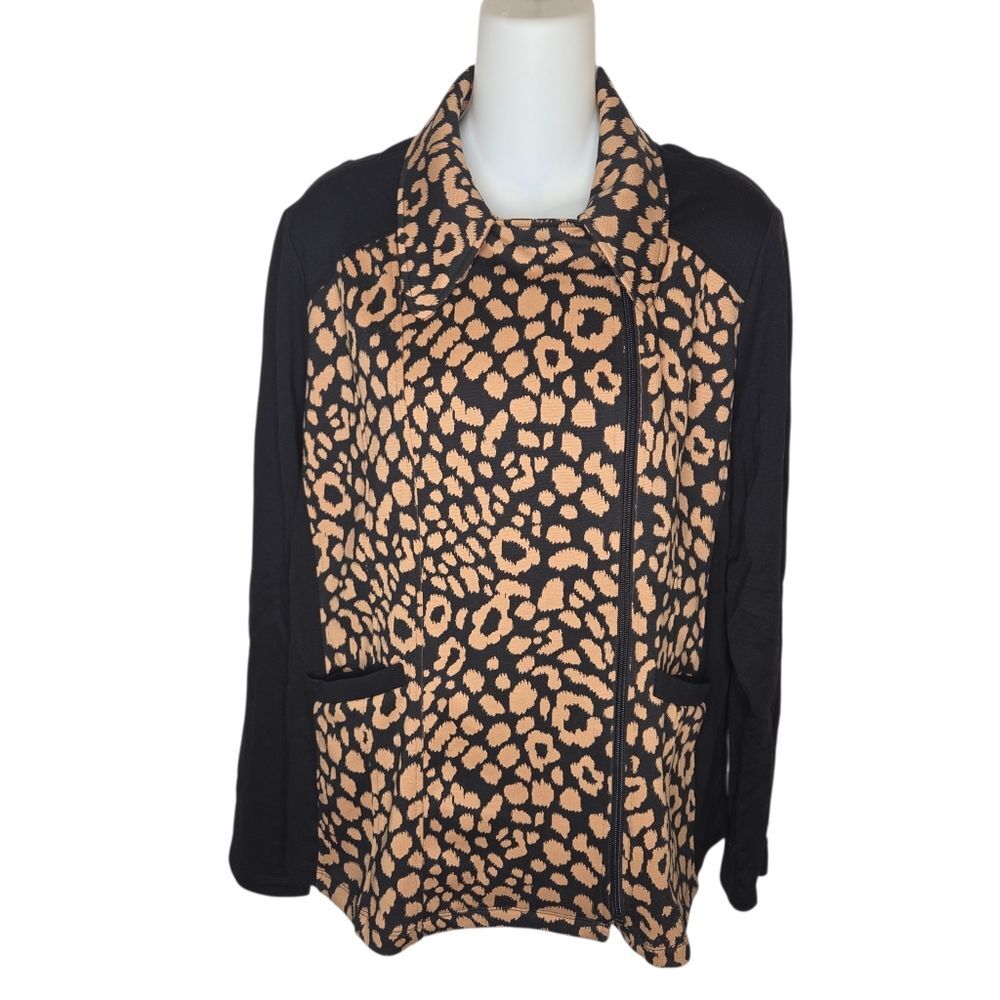Susan Graver NWOT Ponte Knit Leopard Print Moto Jacket Coat, Size Large